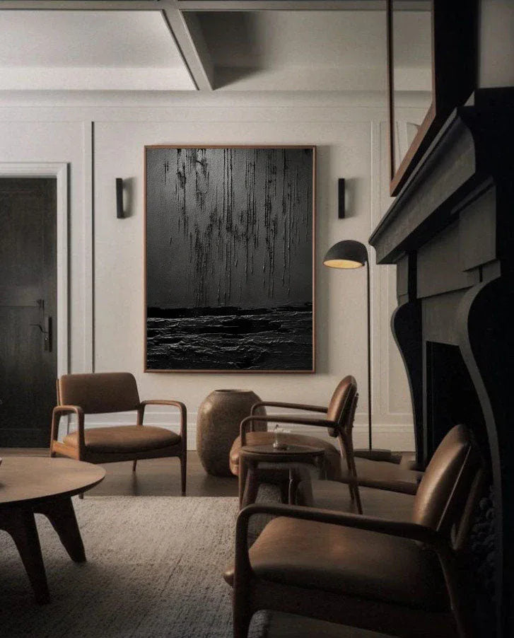 Midnight Echoes-Hand Drawn Pure Black Drip Texture Wall Art - artextured