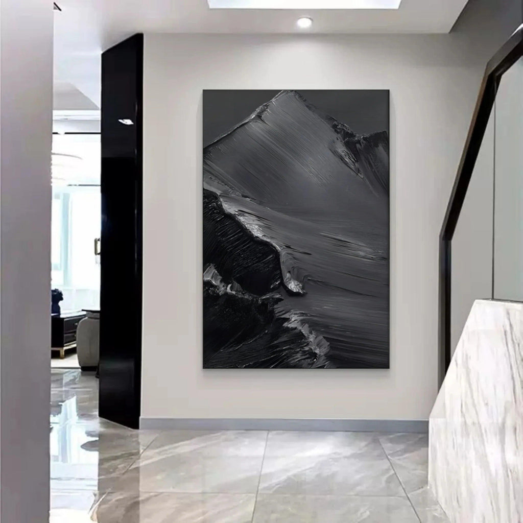 Midnight Peaks Vertical Art-Minimalist Oil Painting Wall Art with Mountain Scenery Texture - artextured