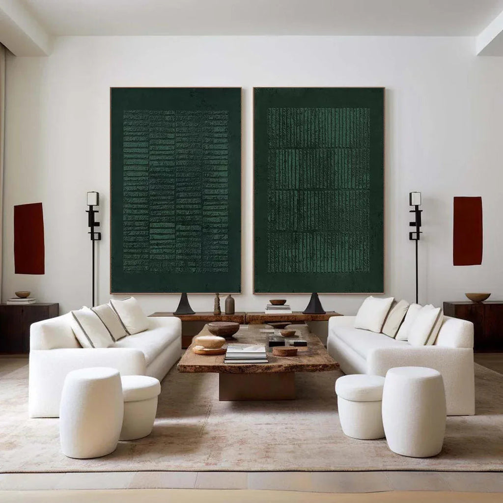 Set of Two Green Textured Canvas Artworks - Modern Minimalist - artextured
