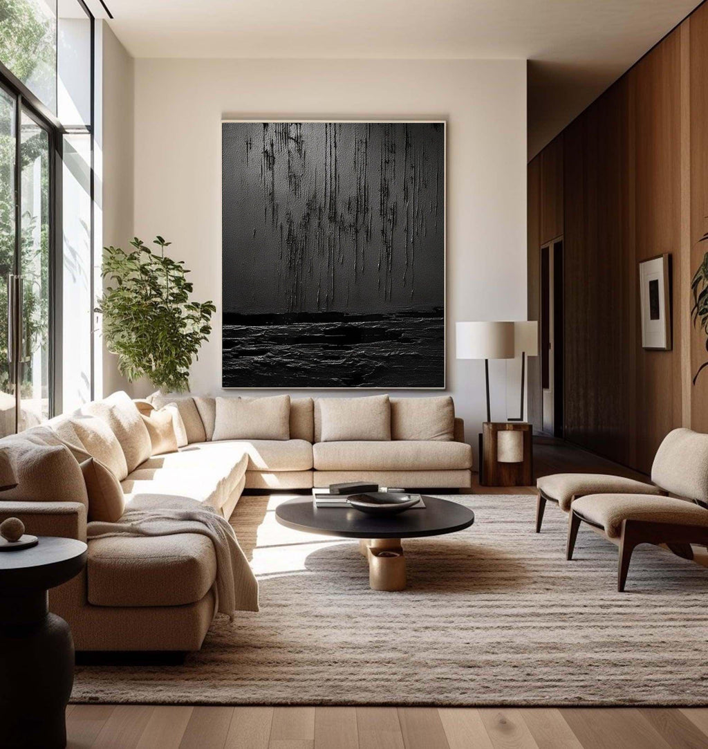 Midnight Echoes-Hand Drawn Pure Black Drip Texture Wall Art - artextured