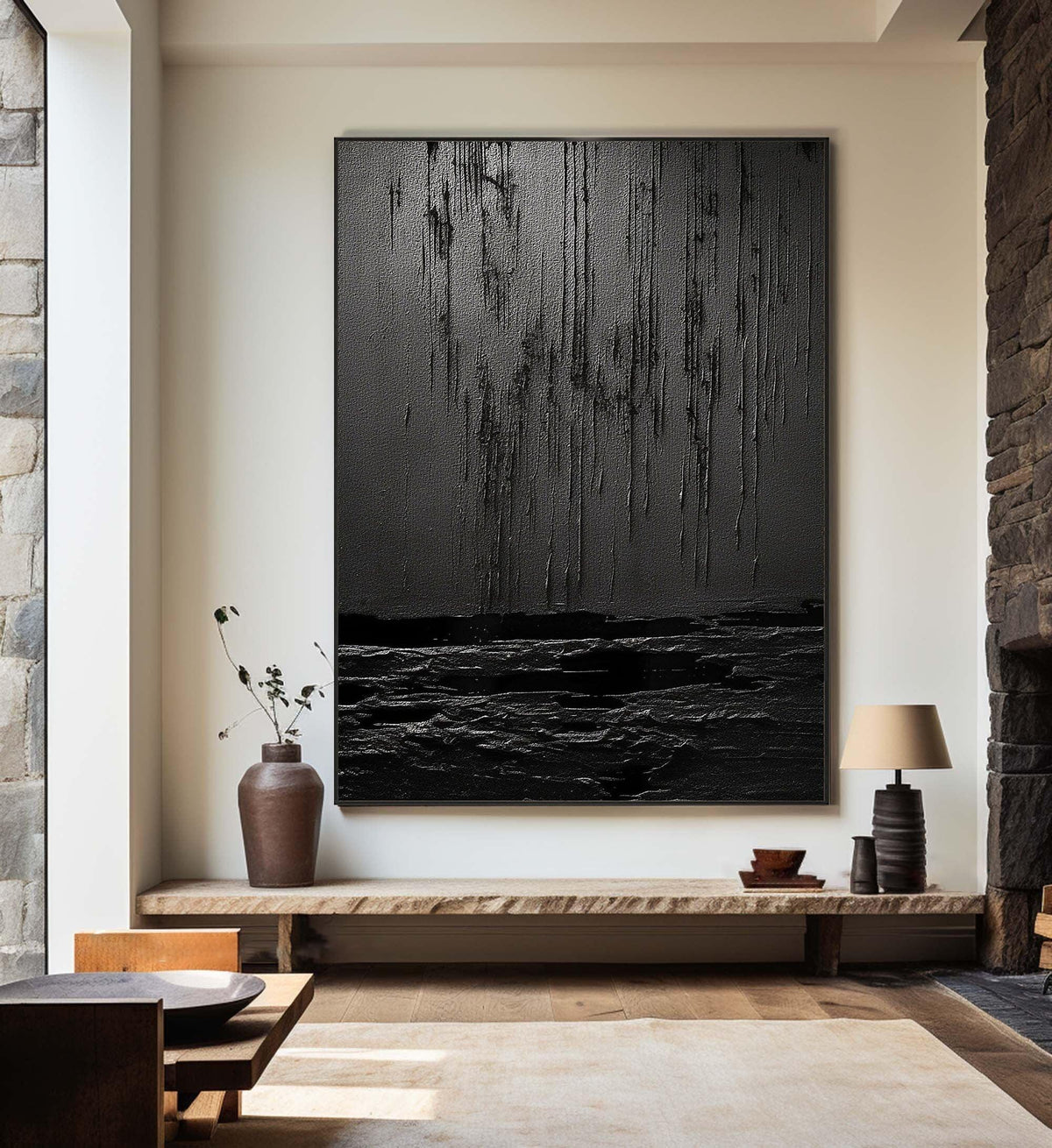 Midnight Echoes-Hand Drawn Pure Black Drip Texture Wall Art - artextured