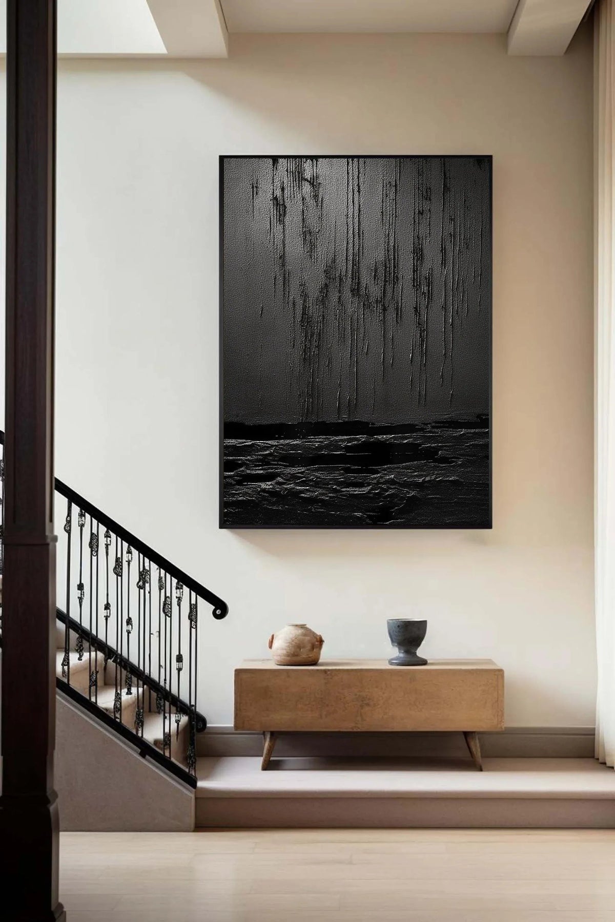 Midnight Echoes-Hand Drawn Pure Black Drip Texture Wall Art - artextured