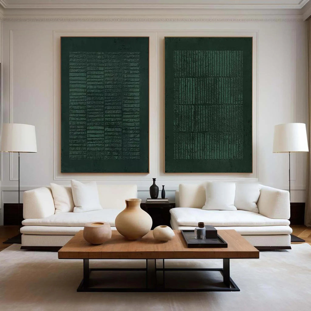 Set of Two Green Textured Canvas Artworks - Modern Minimalist - artextured