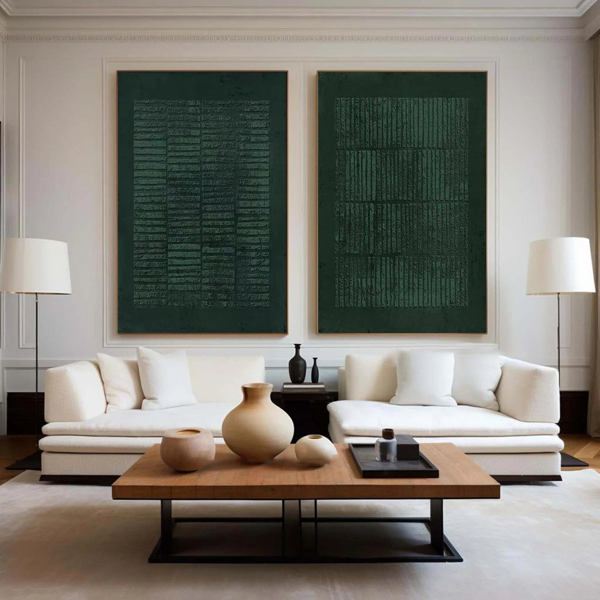 Set of Two Green Textured Canvas Artworks - Modern Minimalist - artextured