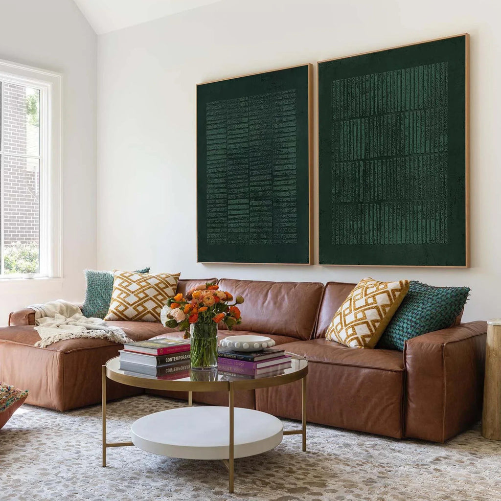 Set of Two Green Textured Canvas Artworks - Modern Minimalist - artextured
