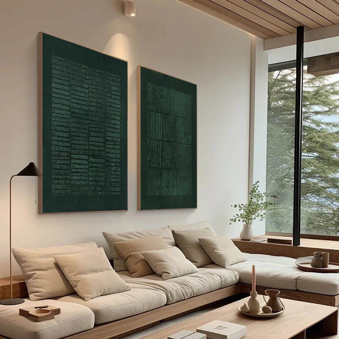 Set of Two Green Textured Canvas Artworks - Modern Minimalist - artextured