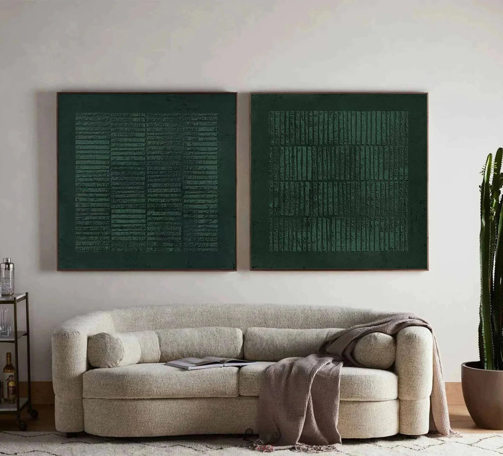 Set of Two Green Textured Canvas Artworks - Modern Minimalist - artextured