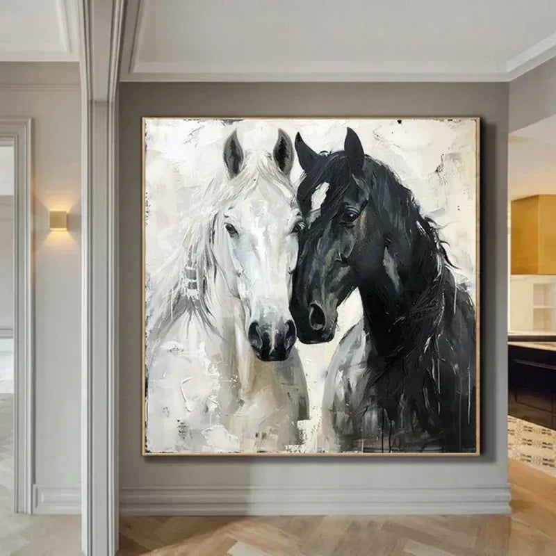 Twin Majesty-Modern Interior Decoration 3D Black and White Double Horse Texture Oil Painting - artextured