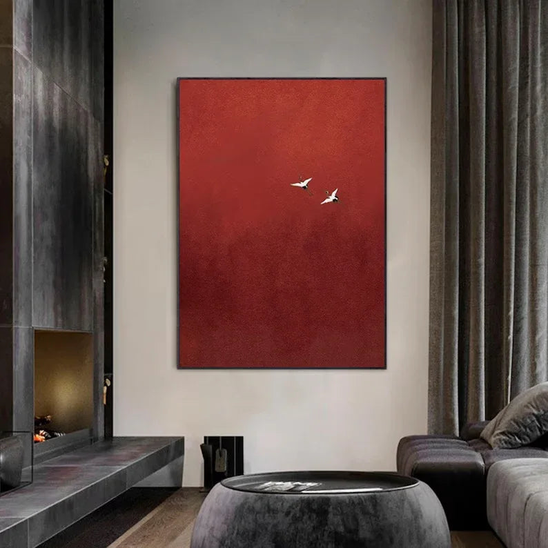 Minimalist Red Crane Painting – Asian-Inspired Modern Wall Art - artextured