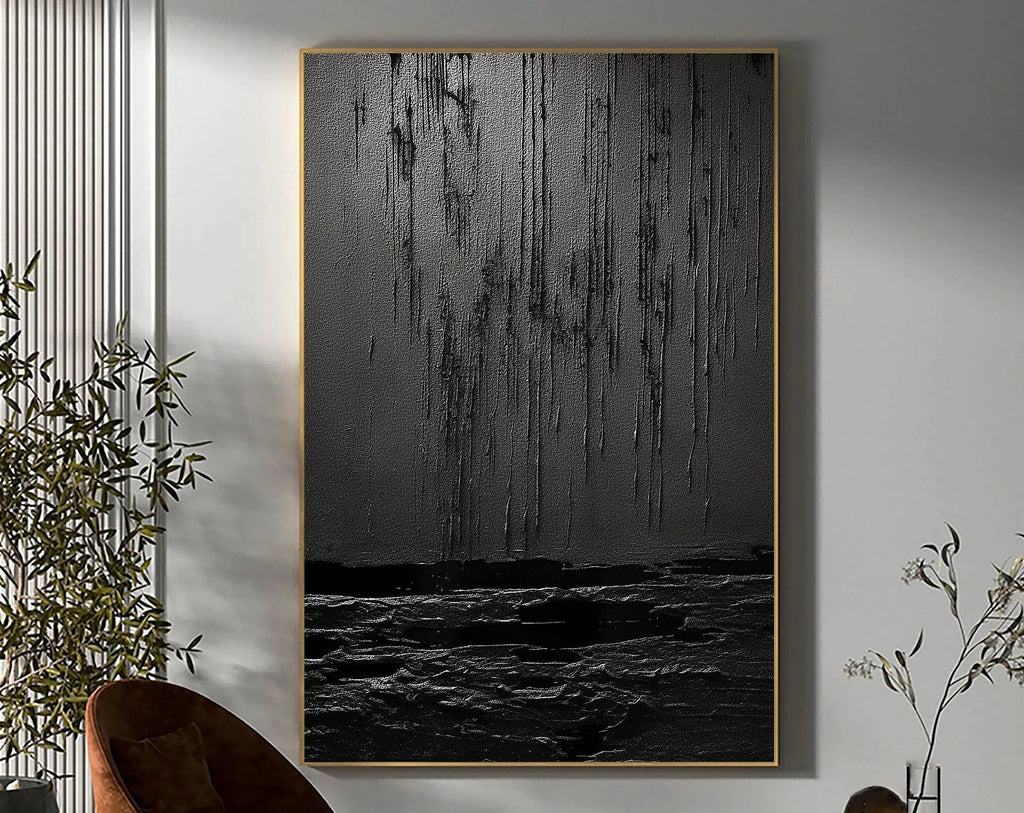Midnight Echoes-Hand Drawn Pure Black Drip Texture Wall Art - artextured